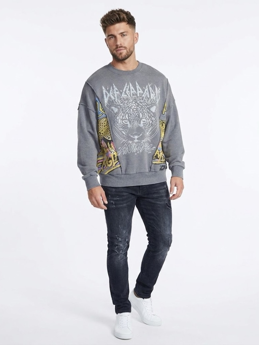Graphic Crewneck Sweatshirt in Grey with Animal Motif